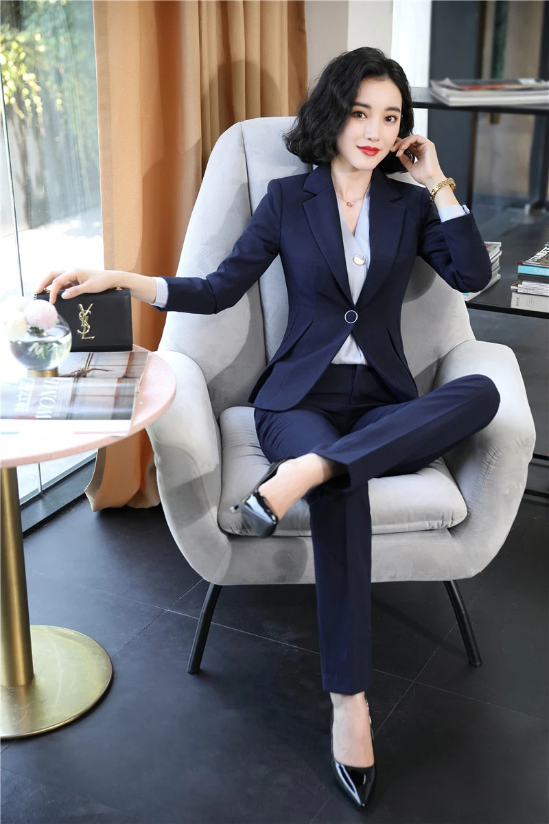 Navy Blue Новинка, красный стиль, OL, для женщин, Бизнес Стиль, одежда для работы, костюмы с брюками и пиджаками, пальто, профессиональный офисный Женский блейзер, брючный костюм - Цвет: Navy Blue