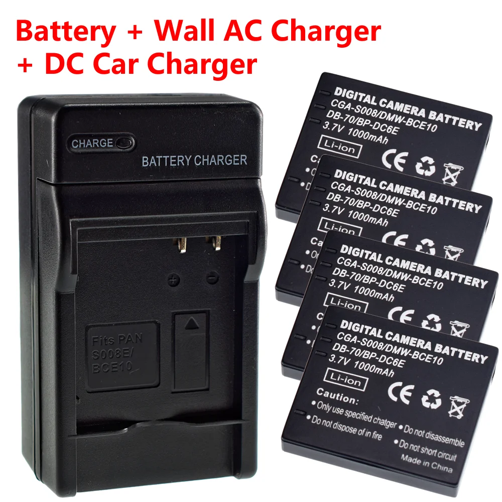 4X Батарея + AC настенное Зарядное устройство для цифрового фотоаппарата Panasonic CGA-S008