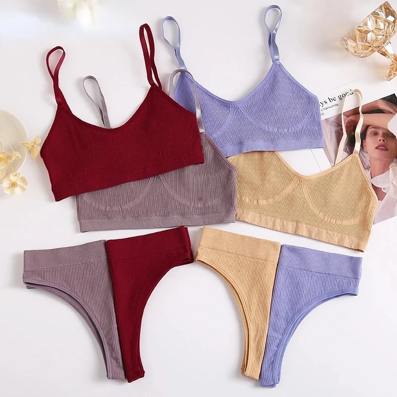 

Seamless Women Top Panties Set Cotton Tops Low Waist G-String Underwear Set Soft Active Wear Lingerie Fitness Crop Top