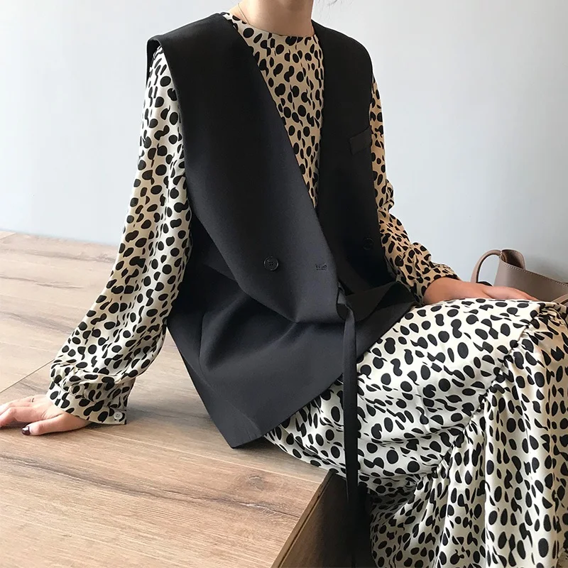 

Office Lady Fashion Suit Vest Women Casual Loose V Neck Sleeveless Jacket Double Breasted Autumn Vintage Solid Color Vest Coats