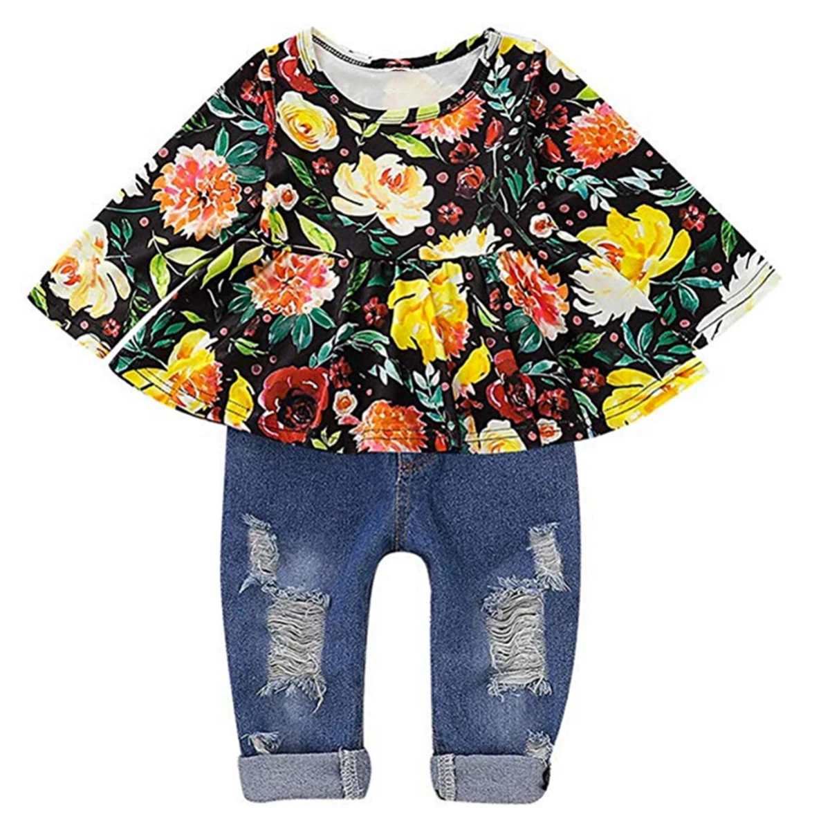 2pcs Kids Baby Girls Outfits Casual T-shirt Tops Long Ripped Pants Leggings Clothes Set Autumn floral sleeve clothing | Детская одежда