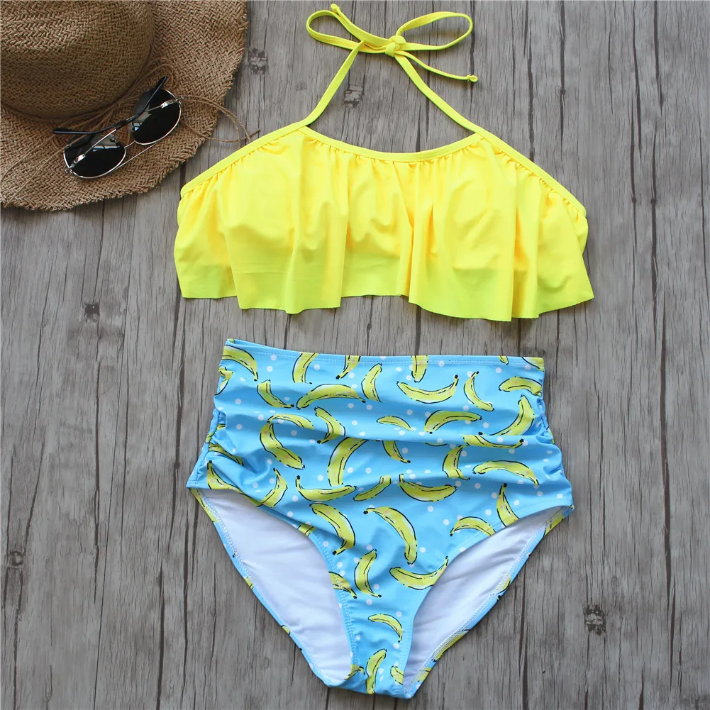 

2021 Bikini Set Double Ruffle Swimwear Women Sexy Swimsuit Off Shoulder High Waist Swim Wear Beach Bathing Suits Plus Siz