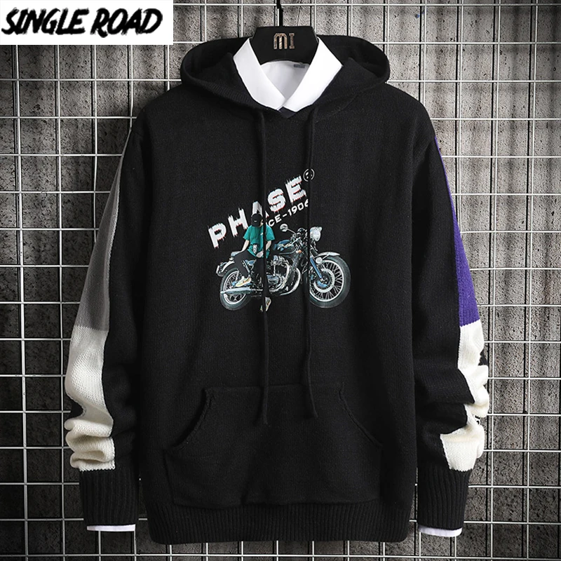 SingleRoad Mens Sweater Men 2020 Patchwork Harajuku Hip Hop Jumper Korean Style Pullover Oversized Black Hooded | Мужская одежда