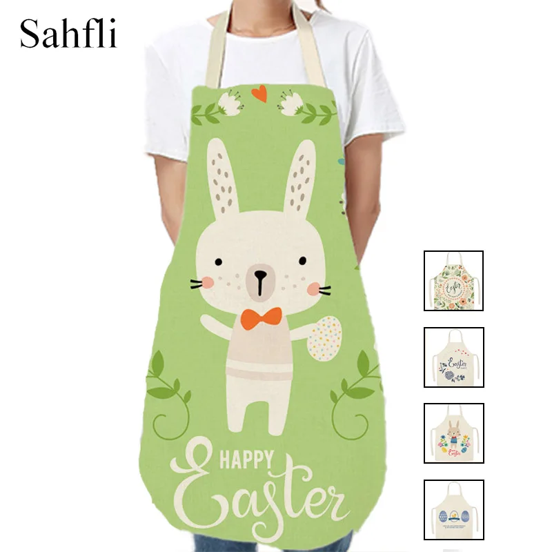 

Cute Easter Bunny Printed Kitchen Apron for Adult Kid Cotton Linen Aprons Home Cooking Baking Waist Bib Pinafore Cleaning Tools