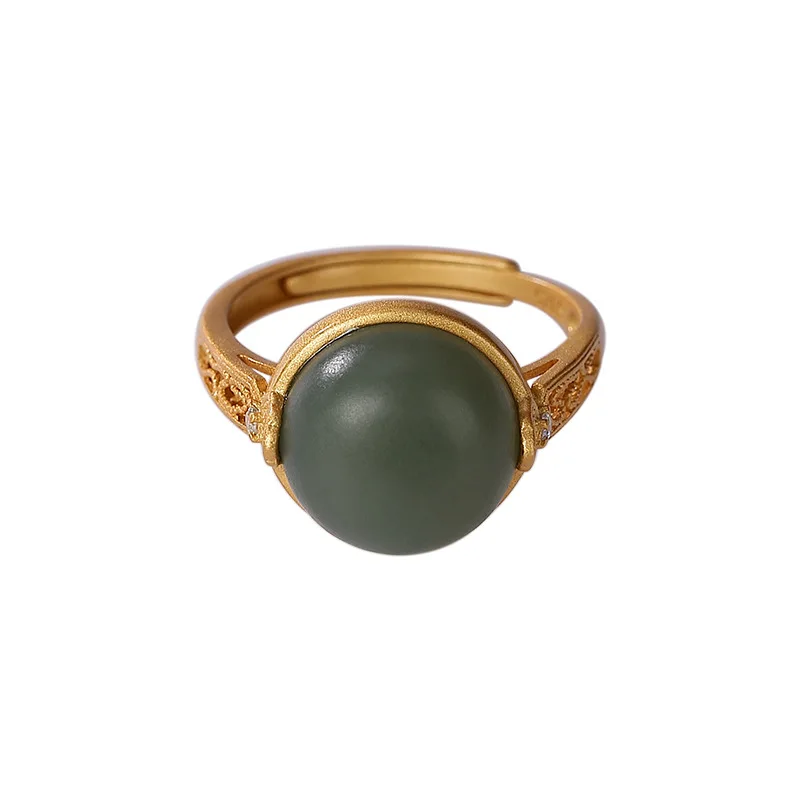 

925 sterling silver gold plated natural Hetian jade Qiemo blue ring retro personality and minimalism open ring