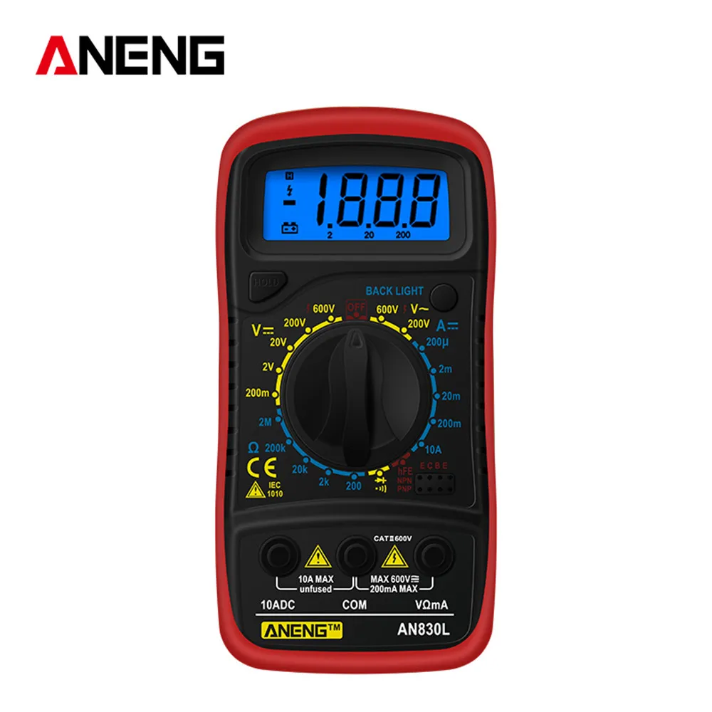 Красный ANENG AN830L Ручной цифровой мультиметр с ЖК-подсветкой Портативный AC/DC амперметр вольтметр тестер напряжения метр Multimetro - Цвет: Красный