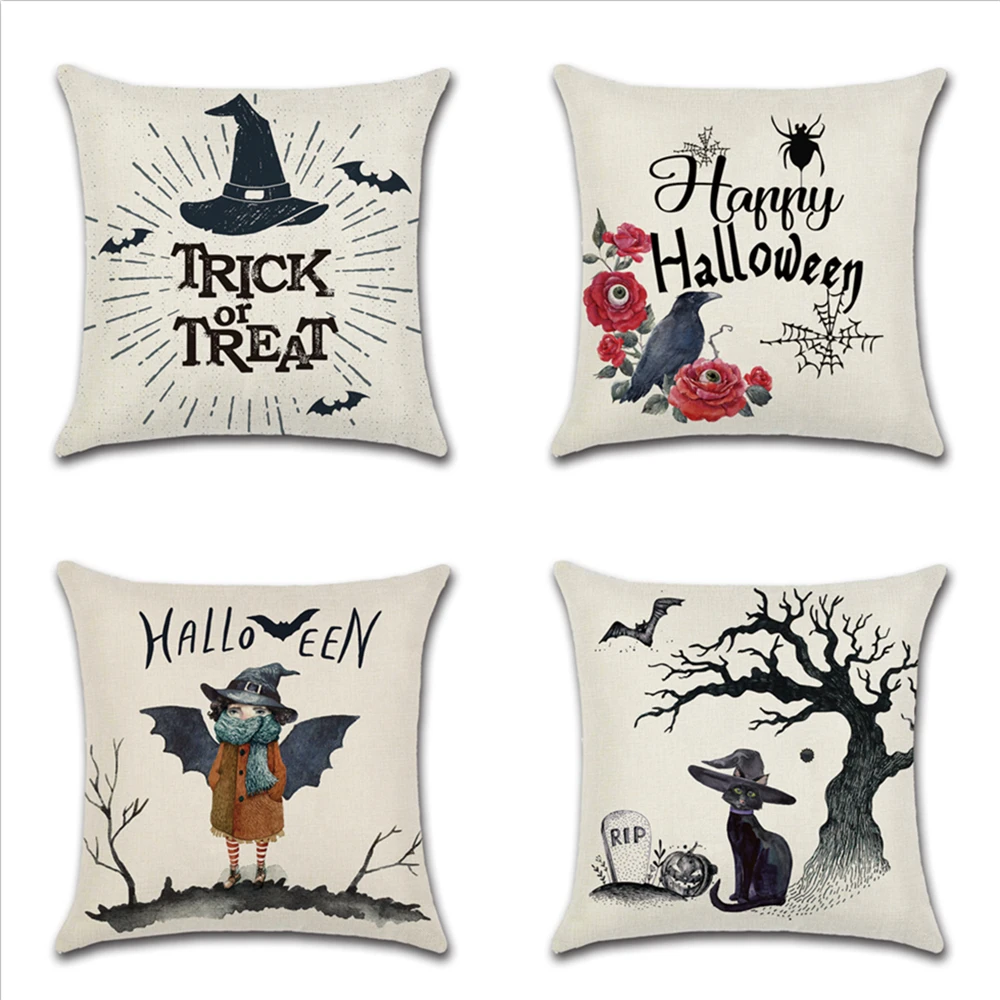 

New Halloween Cartoon Witch Crow Cat Printing Pillowcase Home Decoration Linen Sofa Pillow Case Car Cushion Cover Hot Sale
