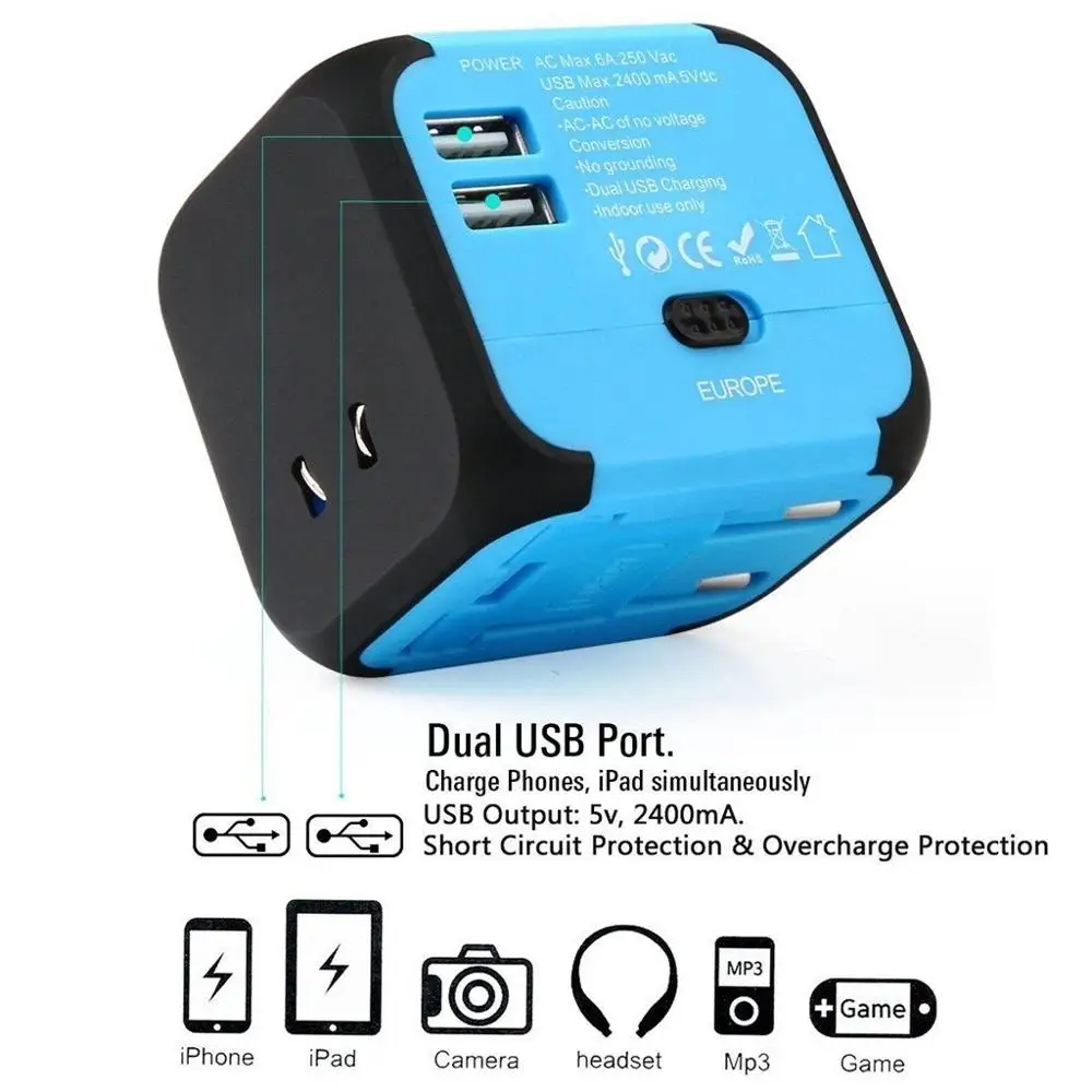 плаги пробка Универсальный дорожный переходник двойной usb разъем зарядное
