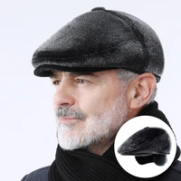 winter faux fur driving mens newsboy cap with earflaps beret dad hat for elderly flat visor cap winter warm hats for old men