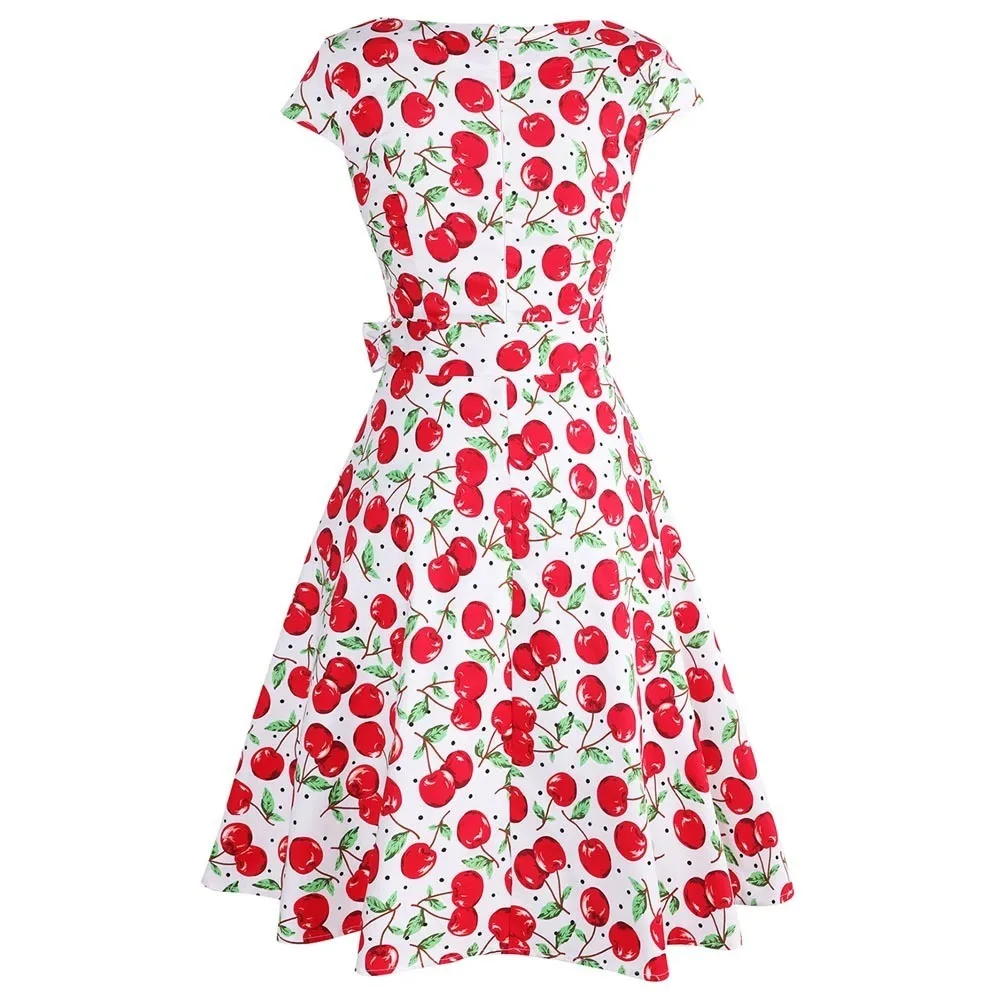Женское платье с фруктовым принтом в стиле ретро летнее вишневым круглым вырезом