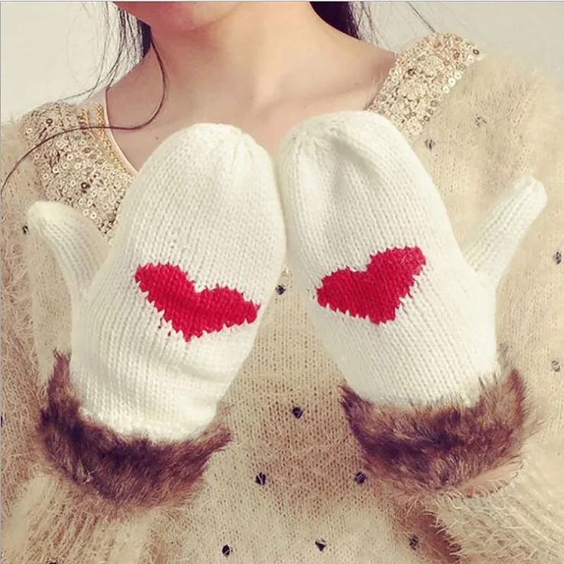 

Women Winter Fashion Red Heart Black White Gloves FamaleThicken Warm Cashmere Knitted Wool Full Finger Mittens