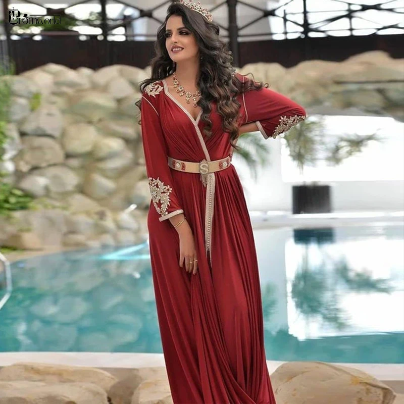 

Simple Burgundy Embroidered Caftan Formal Dress Long Sleeves A-Line Muslim Prom Evening Gowns 2022 Arabic Abiye Gece Elbisesi