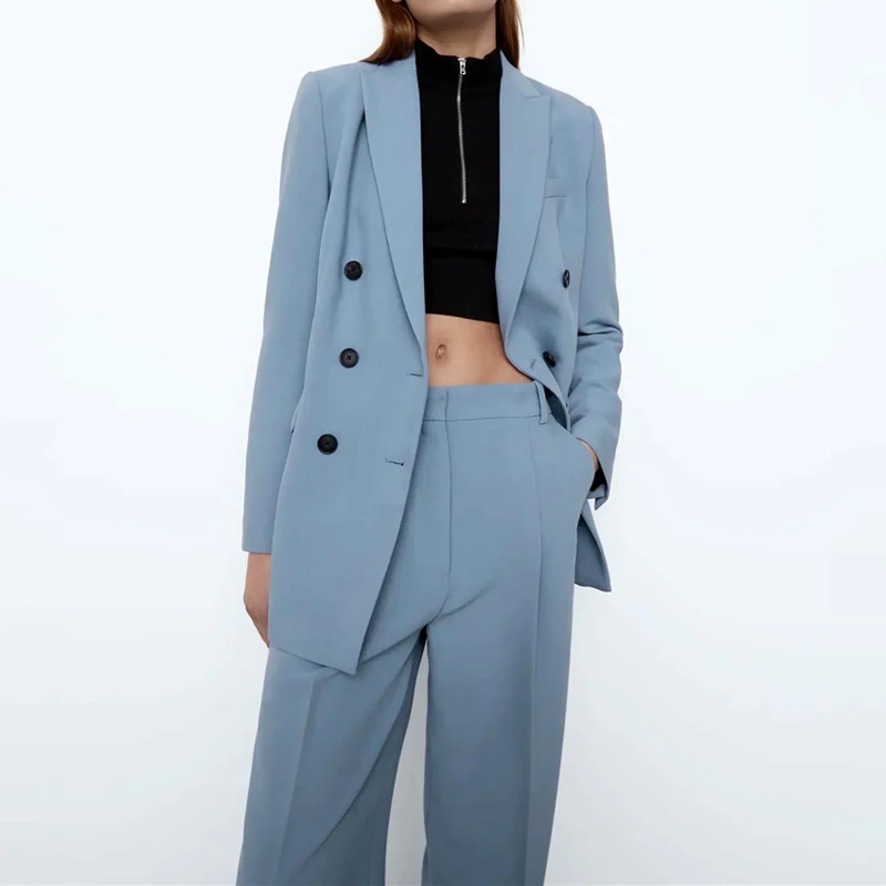 

Blue Buttons Fly Female Women's Business Tuxedos Office Lady Slim Fit Double Breasted Casual 2 Pieces Blazer Wide Leg Pants