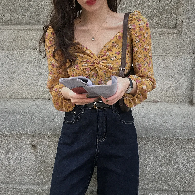 Винтажная блузка с цветочным принтом Женская Сексуальная Милая укороченная