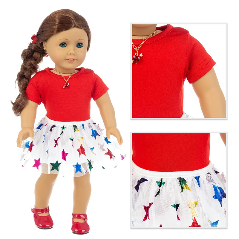 

Born New Baby Doll Clothes Accessories Fit 18 inch 43cm Red Five-pointed Star Rainbow Skirt For Baby Birthday Festival Gift