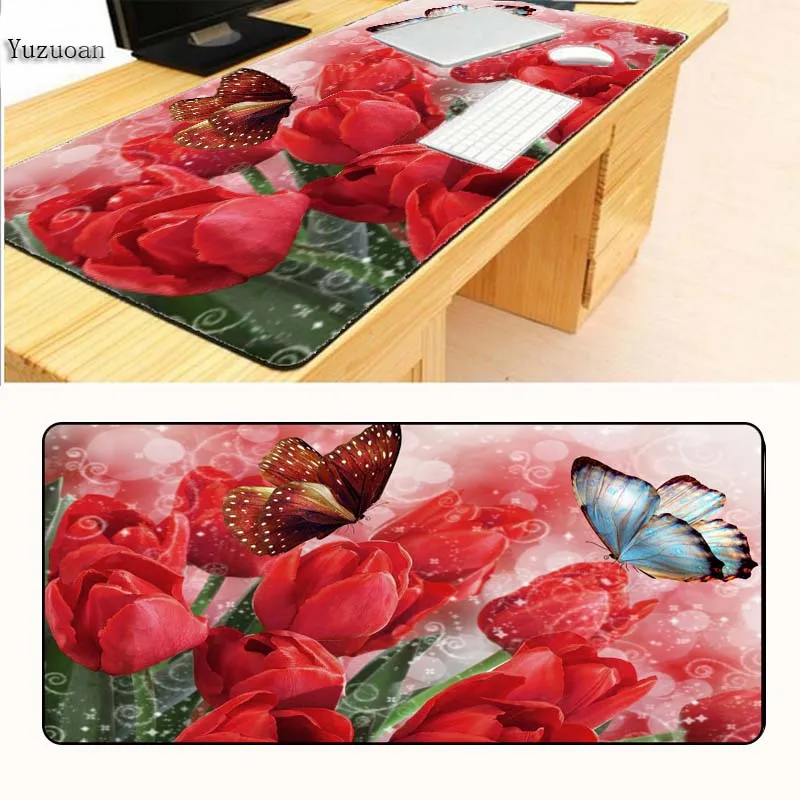 Yuzuoan Beauty 900x400x3мм розовые цветы Расширенный игровой коврик для мыши Коврик большой