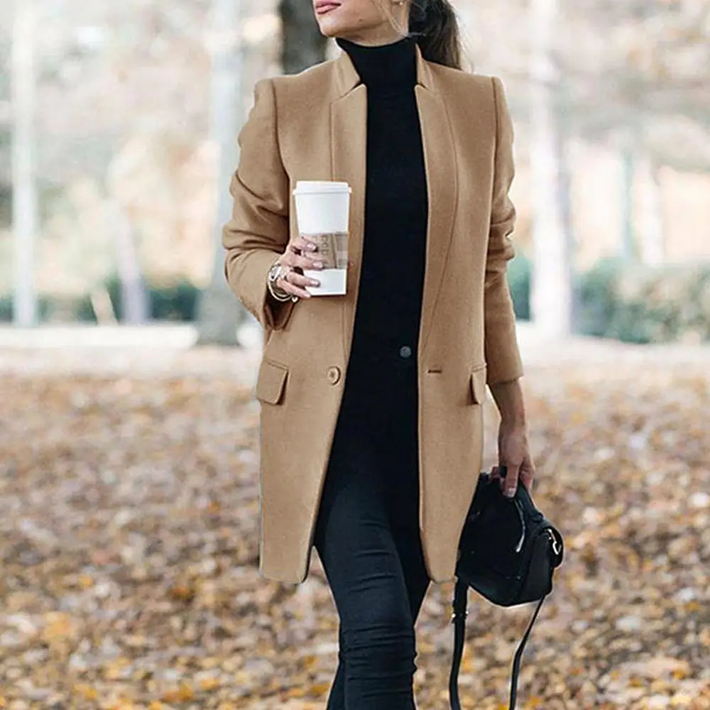 

Women Trench Long Coat Winter Spring Lapel Long Sleeve Coats Office Ladies Solid Slim Overcoat Outwear Abrigo Mujer