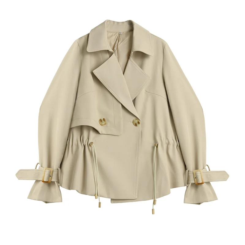 

Loose Fit Apricot Drawstring Casual Jackets Women's Coat New Lapel Long Sleeve Fashion Tide Spring Autumn 2021 Coats Clothing