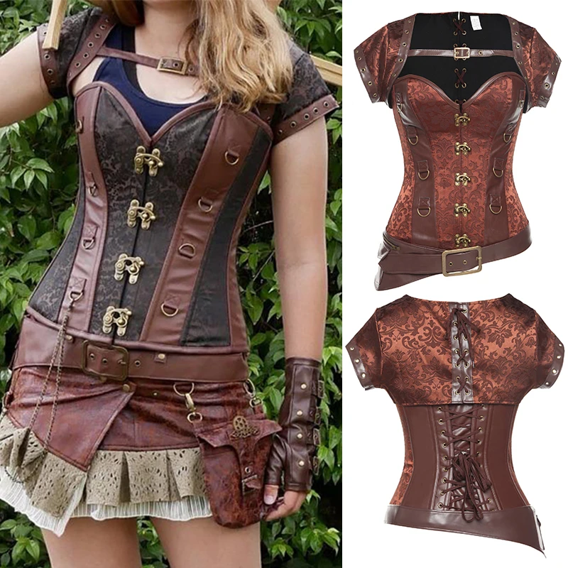 

Steampunk Leather Women Bustiers Corsets Overbust Lace Up Corset Top Gothic Corselet Retro Waist Cincher Shapewear Outfit