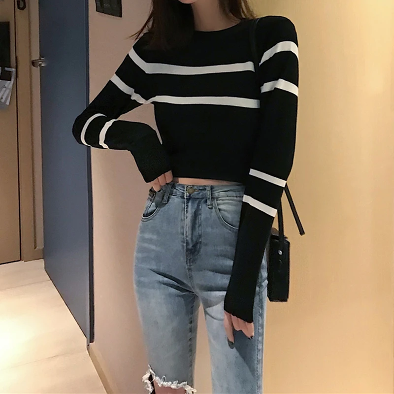 Женские топы в полоску длинный рукав трикотаж тонкий модный Повседневный