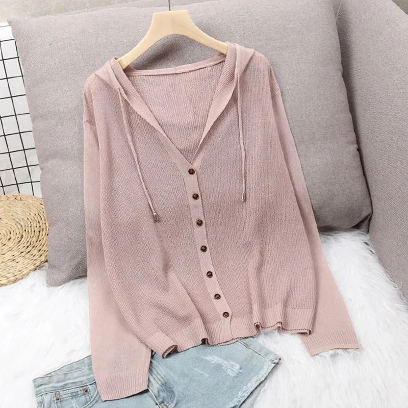 

Summer Ice Silk Knitted Hooded Cardigans Coat Women Plus Size Long Sleeve Sunscreen Jacket Korean Casual V-Neck Knitwear Tops