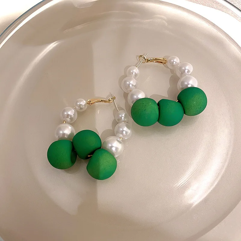 

925 Silver Needle Pearl Hoop Earrings For Women Korean Retro Green Personalized Earrings Light Luxury Round Creative Earrings