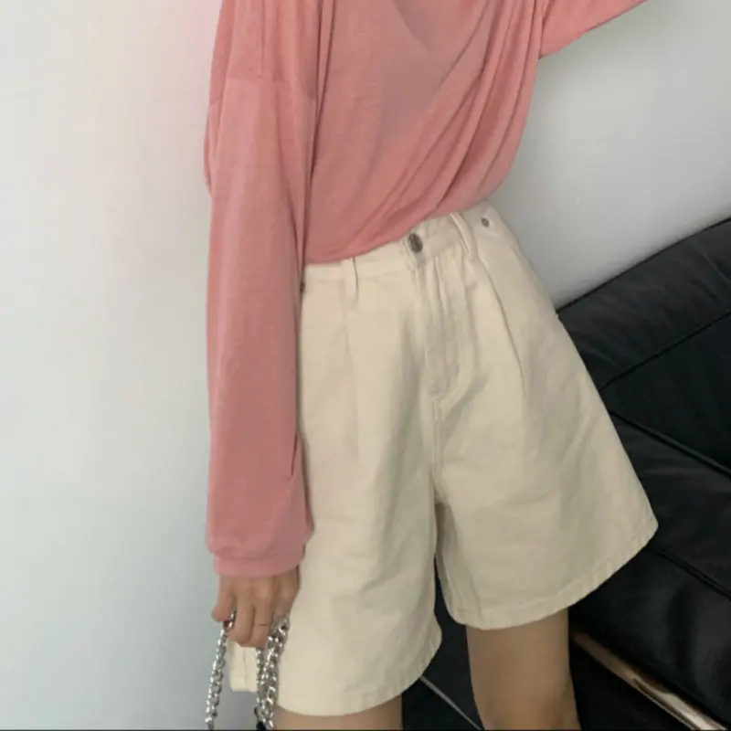 

Summer Women Casual Denim Short Pant Blue Beige Black High Waist Deisgn Straight Trouser With Side Pockets Basic Streetwear