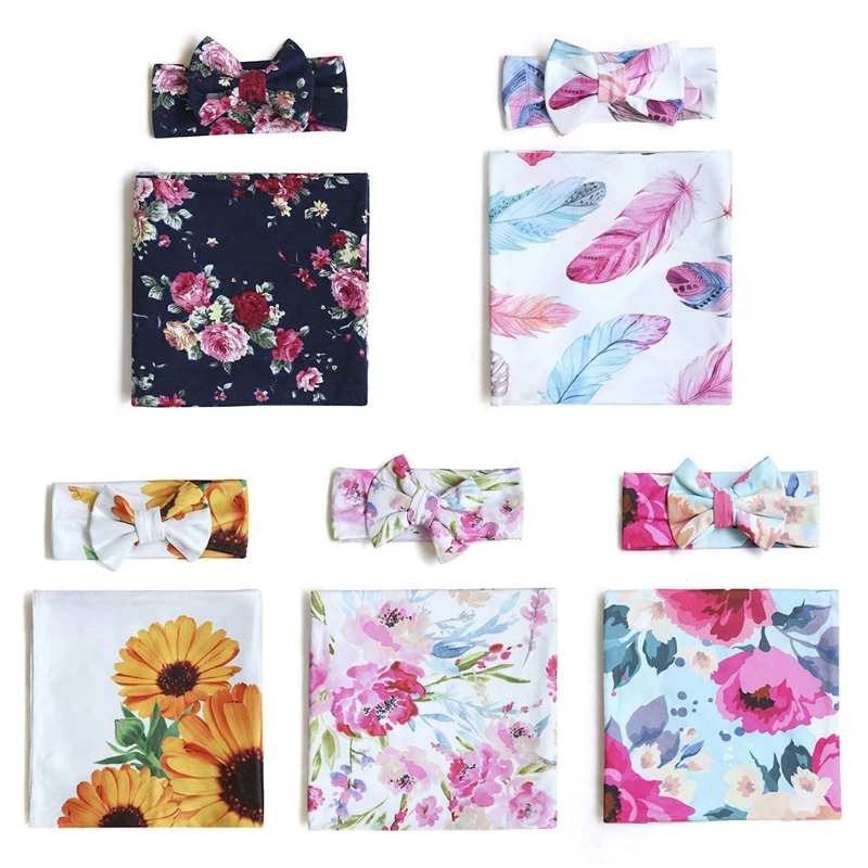 

2Pcs Newborn Baby Receiving Blanket Headband Set Floral Swaddle Wrap Sleeping Bag Infant Hair Accessories