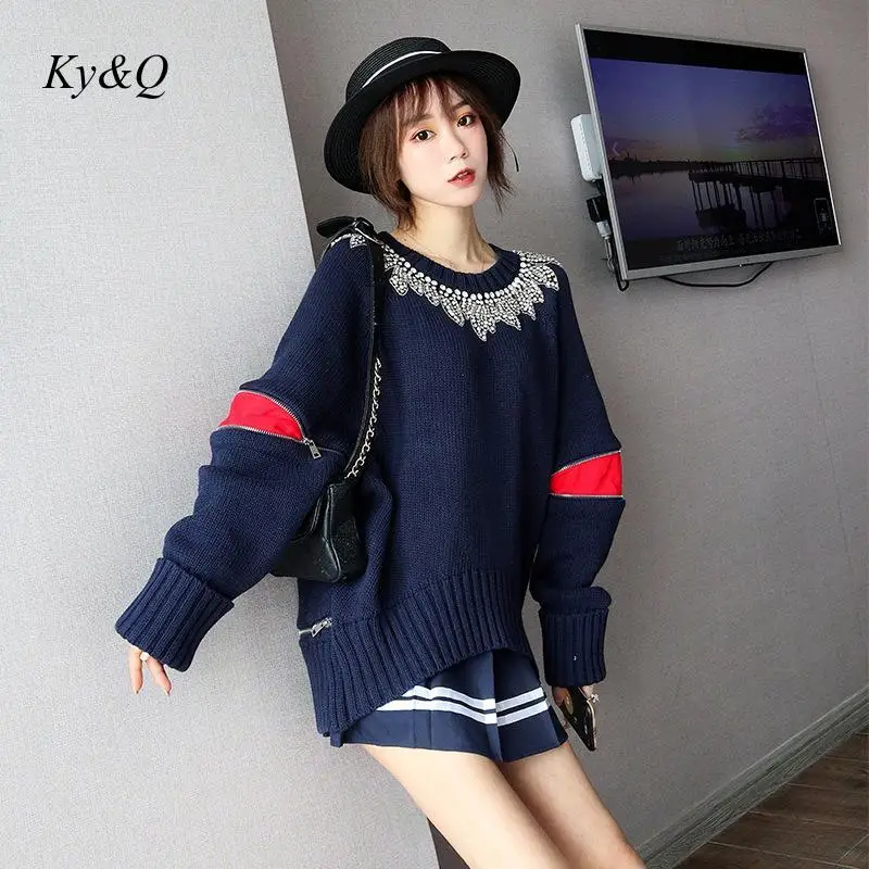 2019 Winter Christmas Oversized Sweater Women Runway High Quality Embroidered Beaded Pullvers Loose Bat Sleeve Luxury Brand | Женская