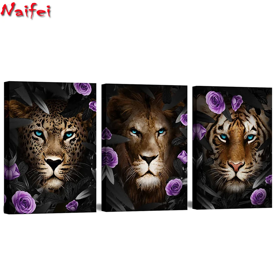 

Алмазная живопись «сделай сам», настенная живопись с голубыми глазами, леопардом, тигром, львом, с фиолетовыми цветами, декор для спальни, 3 ш...