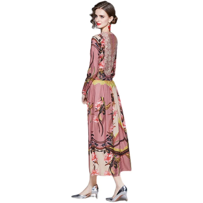 

Women Summer Designer Elegant o-neck Lace Print Maxi Dress Female Sexy Slim Party Robe New Ladies Vintage Casual Dresses Vestido