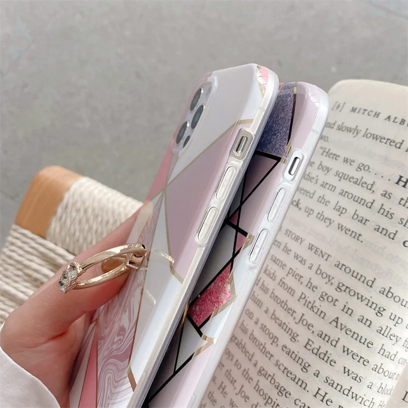 

Electroplated Geometric Marble Texture Ring Phone Case For IPhone 11 12 Pro Max Mini 7 8 Plus X XS Max XR Soft IMD Back Cover