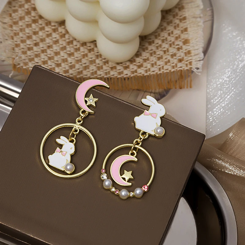 

Fashion Cute Rabbit Earring Korean Enamel Dropping Oil Asymmetry Star Moon Dangle Earrings Girls Sweet Party Jewelry Gift