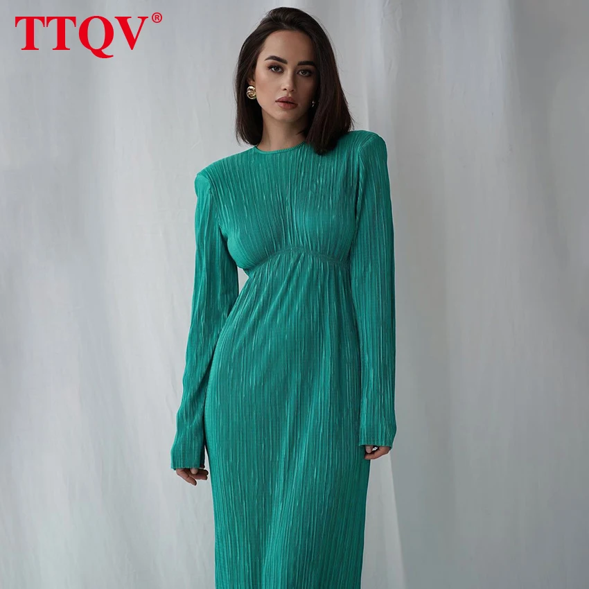 

Зимнее зеленое женское платье TTQV с круглым вырезом, элегантные облегающие платья миди с длинным рукавом, женское повседневное плиссированн...