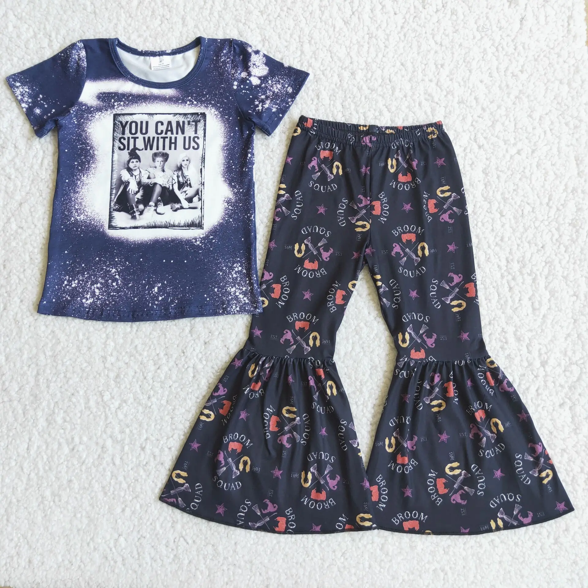 

Rts No Moq Baby Girls Letters Print Outfits Short Sleeves Top Bell Bottom Pants Kids Children Clothing Boutique Fashion Sets