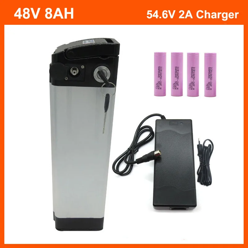 

Top discharge Silver fish 48V 500W Ebike Battery Pack 48V 8AH Lithium 18650 battery with Aluminium Case 2A charger and 15A BMS