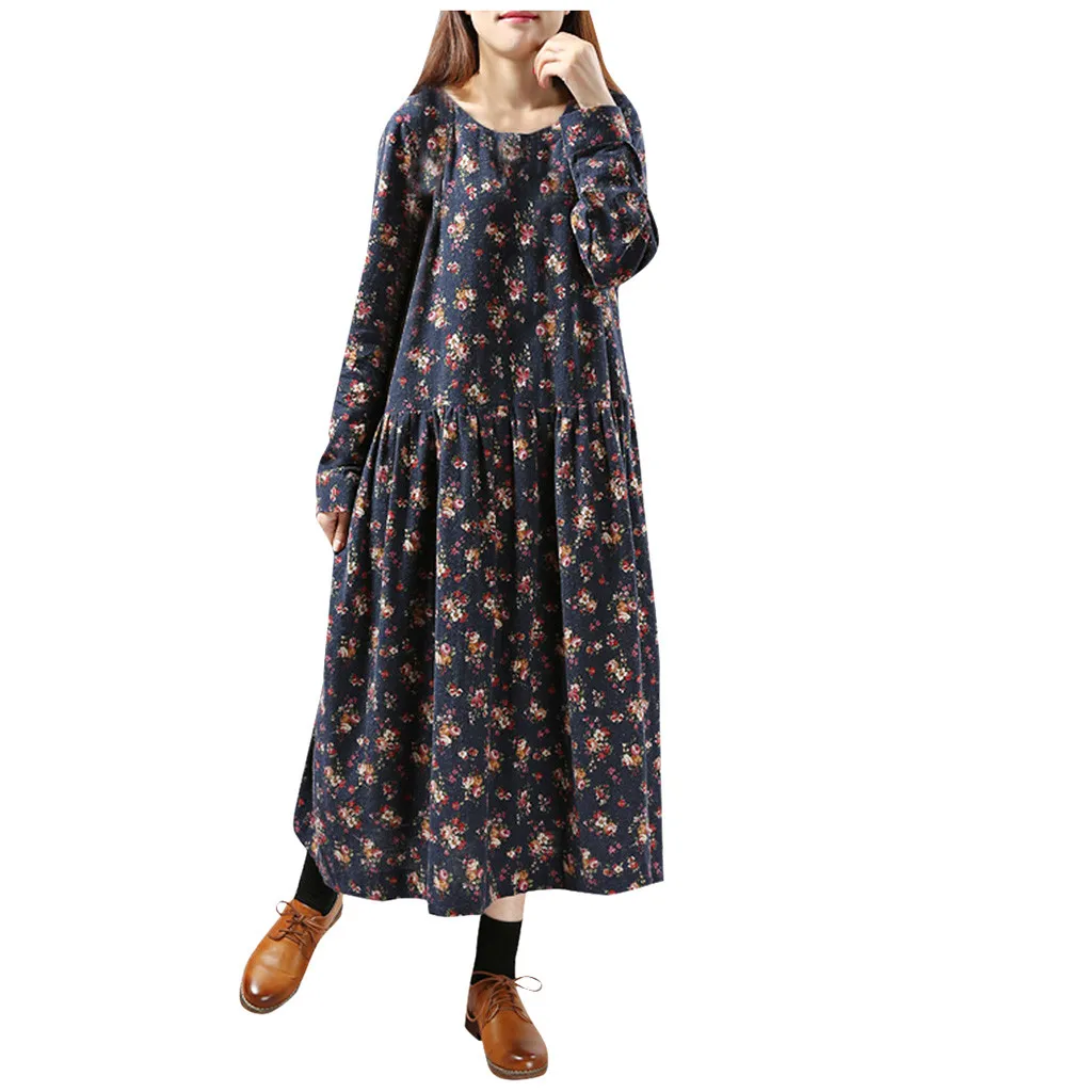 Женское модное повседневное льняное платье размера плюс с круглым вырезом и