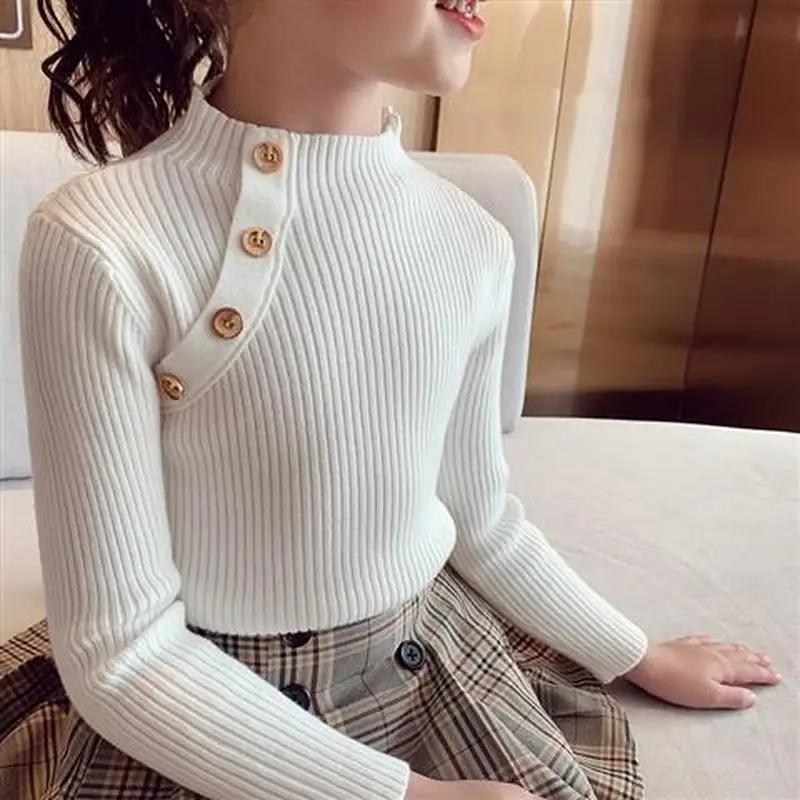 

Girls Winter Bottoming Sweaters 0-13 Years Old Kids Clothes Button Decoration Plus Velvet Sweater Solid Casual Baby Kids Clothes