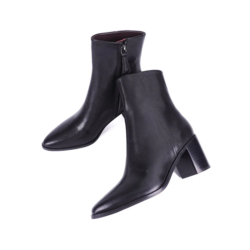 

Autumn Women's Commuter Real Leather Thick Short Boots Pointed Toe Side Zipper High Heel Ankle Martin Boot Shoes