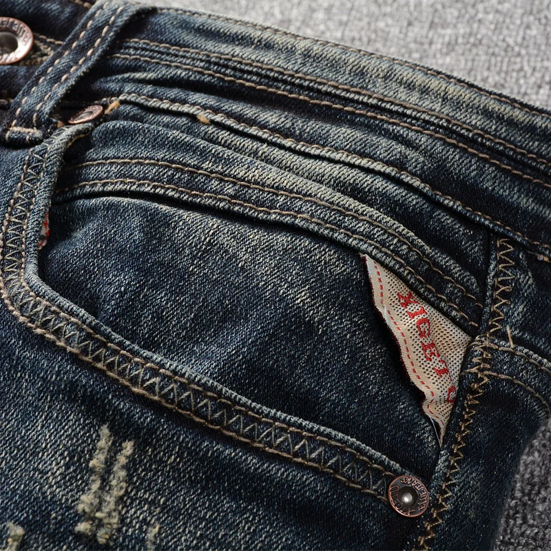 

Italian Vintage Fashion Men Jeans High Quality Retro Black Blue Ripped Denim Trousers Designer Distressed Slim Fit Cotton Pants