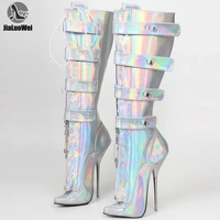 7 super high heel boots padlocks lockable ykk zip holographic knee high ballet boots size 36 46