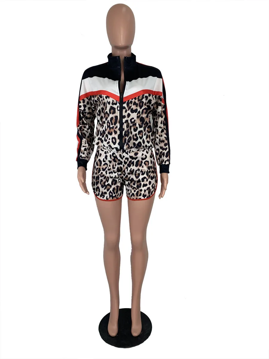 New Leopard Print Patchwork Elegant Women's set Tracksuit Long Sleeve Sweatshirt Shorts Suit Sporty Two Piece Set Outfits GL972 | Женская