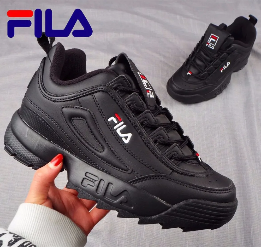 Мужские кроссовки для бега Fila Disruptor II 2 черные белые на толстой подошве с большими