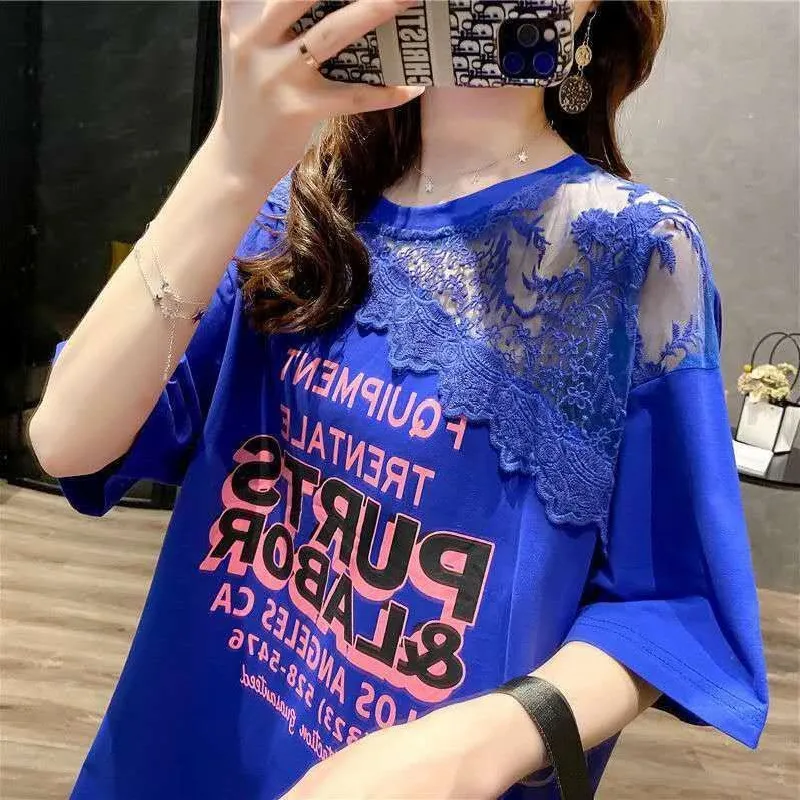 

Medium and long short sleeve T-shirt female 2021 summer new ins tide loose large size lace stitching coat female