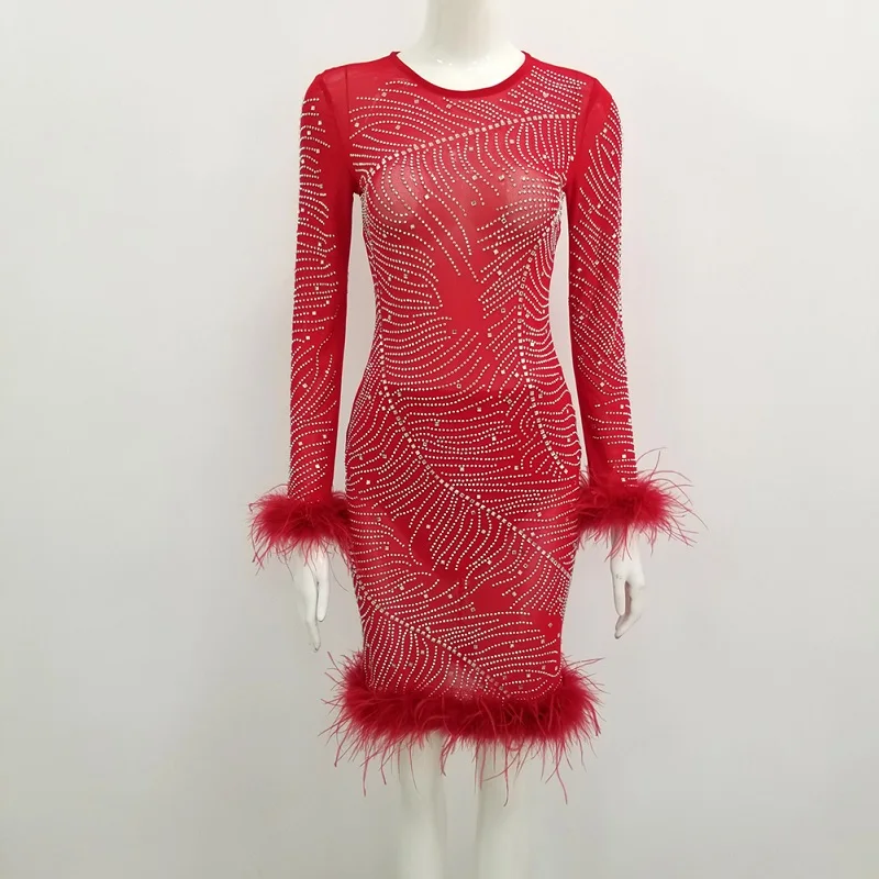 2019 красное модное с бисером и перьями Сетчатое сексуальное облегающее платье