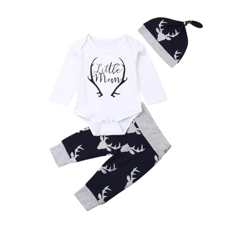 2019 autumn Toddler Baby girls boys clothes 3pcs Newborn Infant Boys Letter Romper Jumpsuit Reindeer Pants Outfits Set | Детская одежда