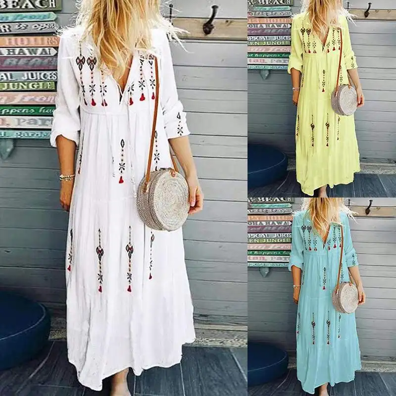 Большие размеры, женский сарафан с принтом ZANZEA, модная туника с v-образным вырезом, Vestidos, кружевное макси платье, богемное женское платье с длинными рукавами
