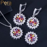 pera beautiful colorful cubic zirconia large sun flower fashion women 3 pcs necklace earrings ring engagement jewerly set j164