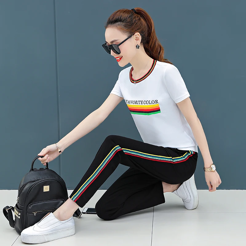 

Летний комплект из 2 предметов, новый хлопковый цветной Полосатый Тонкий Повседневный Женский комплект из двух предметов, свободные модные ...