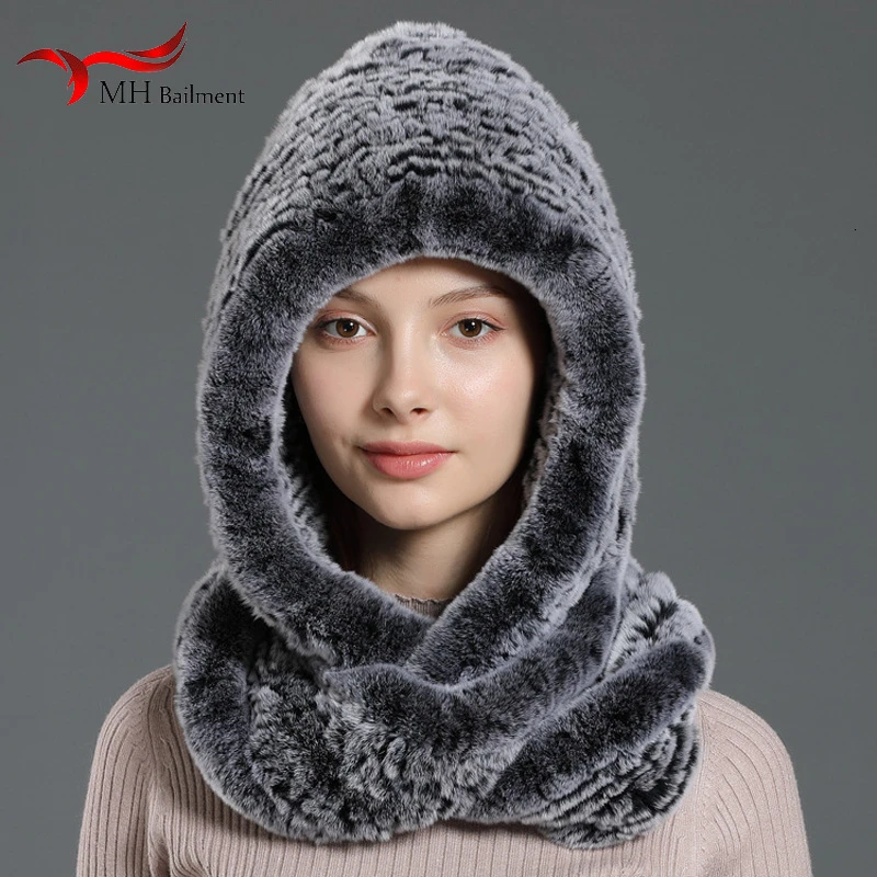 2021 меховая шапка женский вязаный шарф 100% настоящий мех кролика с капюшоном